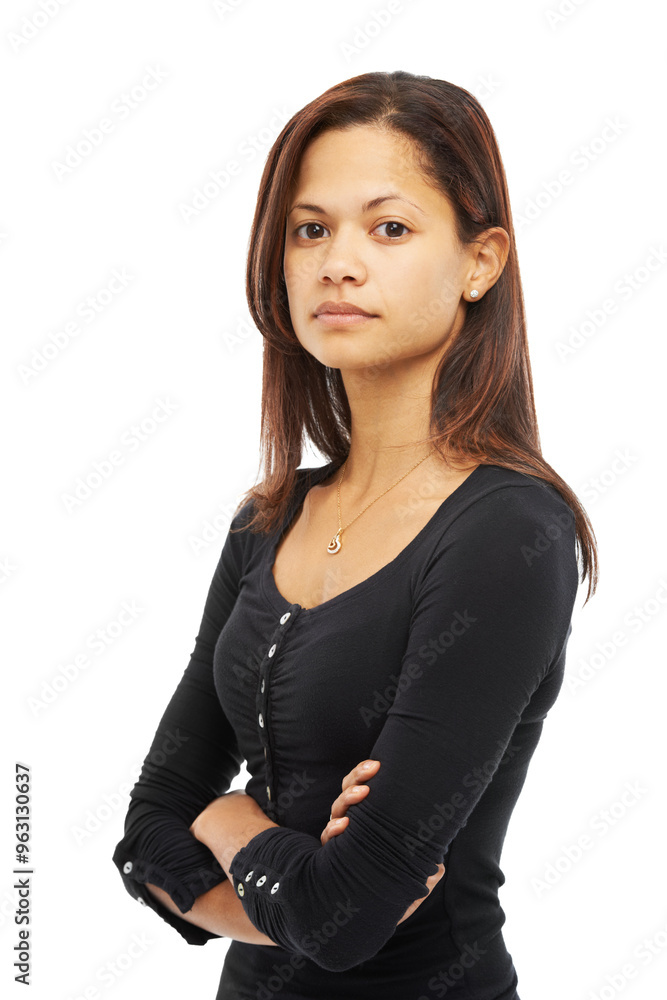 Portrait, pride and confident business woman in studio on white background. Face, serious and creative entrepreneur, expert and social media marketer with career opportunity or experience in Mexico Portrait, pride and confident business woman in studio on white background. Face, serious and creative entrepreneur, expert and social media marketer with career opportunity or experience in Mexico