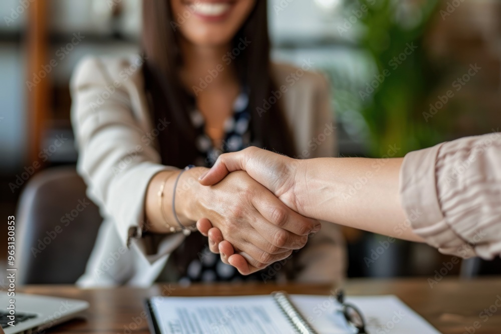 Obraz premium Close-up of business woman shaking hands in business meeting with smile, symbol of success