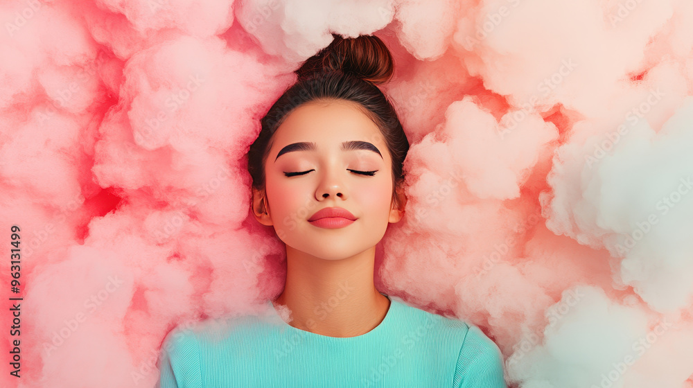 A model in a dreamy cloudscape, surrounded by pastel-colored clouds, soft focus, watercolor technique, ethereal. A model in a dreamy cloudscape, surrounded by pastel-colored clouds, soft focus, watercolor technique, ethereal.