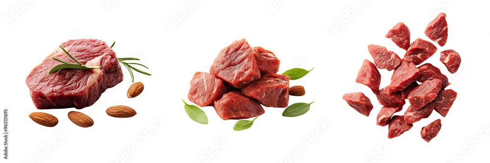 Set of A succulent piece of tender meat, beautifully seared and garnished with fresh on Transparent Background Set of A succulent piece of tender meat, beautifully seared and garnished with fresh on Transparent Background