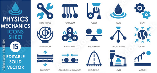 A set of solid icons related to Physics and Mechanics. Physics, impact, pendulum, fluid, gear, rotational motion, speed, gravity, impact, pulley, projectile, and so on. Vector flat icons set.