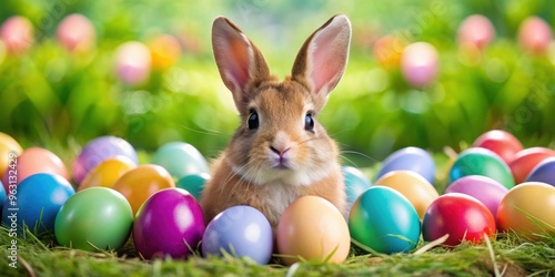 Wallpaper Mural Adorable easter bunny surrounded by colorful eggs , Easter, bunny, eggs, holiday, spring, cute, decorations, festive Torontodigital.ca