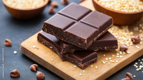 Healthy quinoa chocolate bars on a wooden board