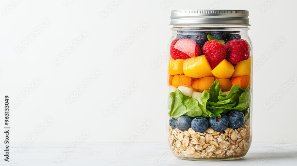 Colorful Oats salad in a glass jar, isolated on a white background Colorful Oats salad in a glass jar, isolated on a white background
