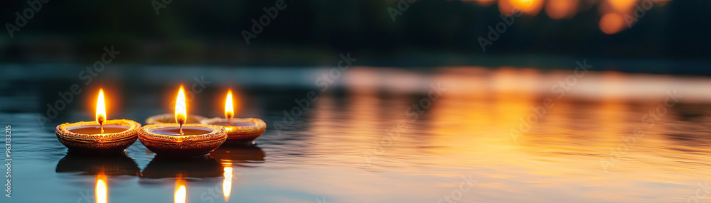 Diyas floating on a serene river at night, their flickering lights reflecting peace and harmony, Diwali rituals and peaceful evening Diyas floating on a serene river at night, their flickering lights reflecting peace and harmony, Diwali rituals and peaceful evening