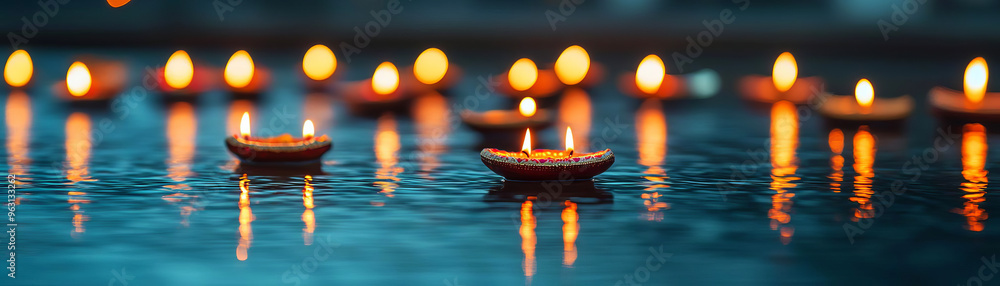 Diyas floating on a serene river at night, their flickering lights reflecting peace and harmony, Diwali rituals and peaceful evening Diyas floating on a serene river at night, their flickering lights reflecting peace and harmony, Diwali rituals and peaceful evening