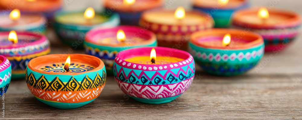 Handdecorating diyas with vibrant patterns, blending tradition and creativity for Diwali festival celebration, cultural harmony in art Handdecorating diyas with vibrant patterns, blending tradition and creativity for Diwali festival celebration, cultural harmony in art