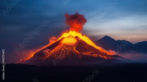 Dramatic volcanic eruption at night