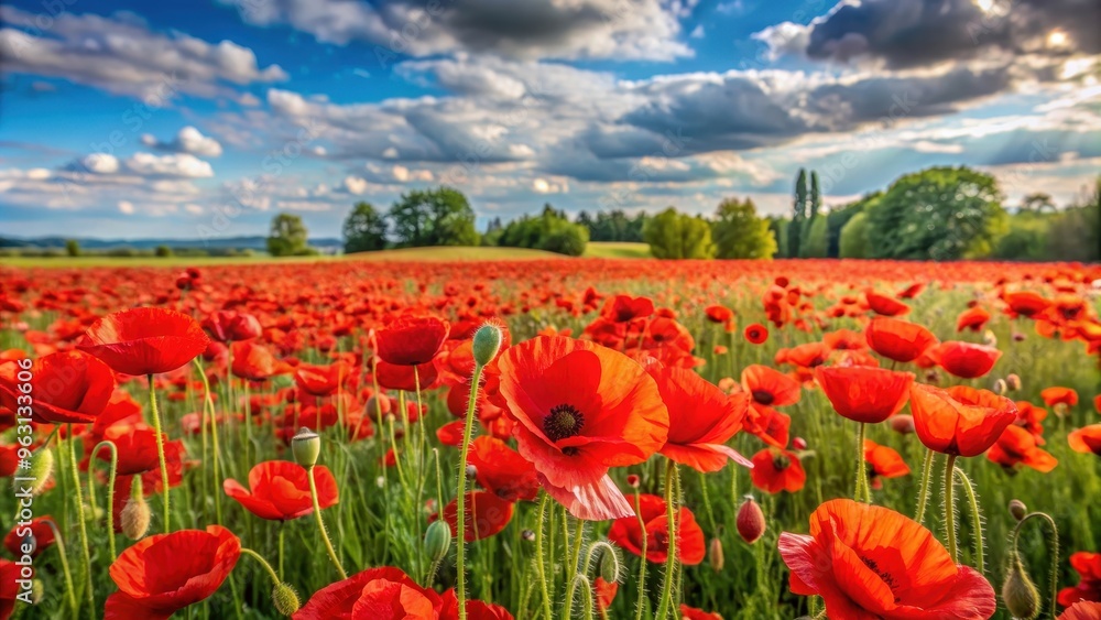 Field of poppies glowing in the evening light, poppy flowers, red blossoms, Bavaria, Germany, Europe, poppies Field of poppies glowing in the evening light, poppy flowers, red blossoms, Bavaria, Germany, Europe, poppies
