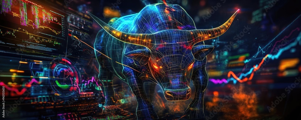 Dynamic bull sculpture representing financial growth, investment, and stock market trends in a vibrant digital landscape. Dynamic bull sculpture representing financial growth, investment, and stock market trends in a vibrant digital landscape.