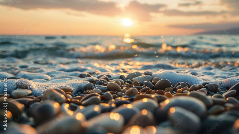 Obraz premium Closeup of pebbles on a stormy sea shore at sunset. Concept Nature Photography, Sunset Vibes, Beach Landscapes, Stormy Weather, Close-up 