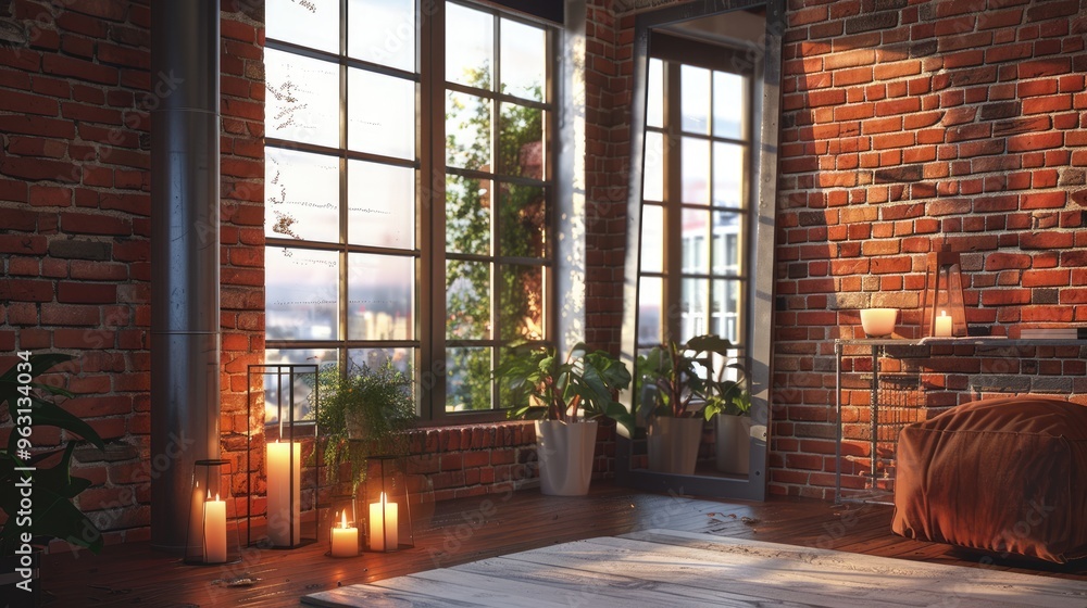 Modern loft interior with mirror, candles, brick wall, and large window Modern loft interior with mirror, candles, brick wall, and large window