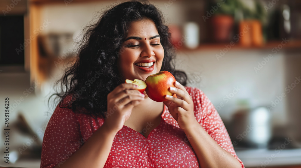 Plus size Indian woman eating an apple Plus size Indian woman eating an apple