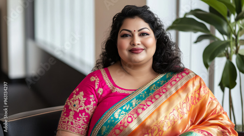 Plus size Indian woman dressed in a colorful saree