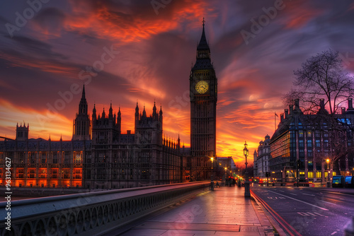 A rainy day in London with the Big Ben clock tower in the background, generative ai image,