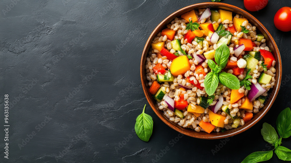 Barley salad in a rustic bowl with colorful vegetables and herbs, top view, emphasizing slimming and anti-aging benefits. 