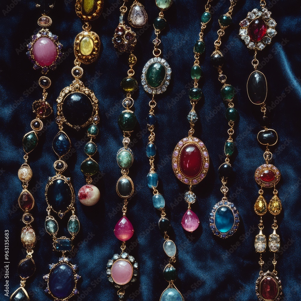 Gemstone Necklace Collection on Velvet - Overhead View Editorial Photography Gemstone Necklace Collection on Velvet - Overhead View Editorial Photography