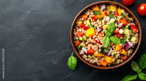 Barley salad in a rustic bowl with colorful vegetables and herbs, top view, emphasizing slimming and anti-aging benefits. 