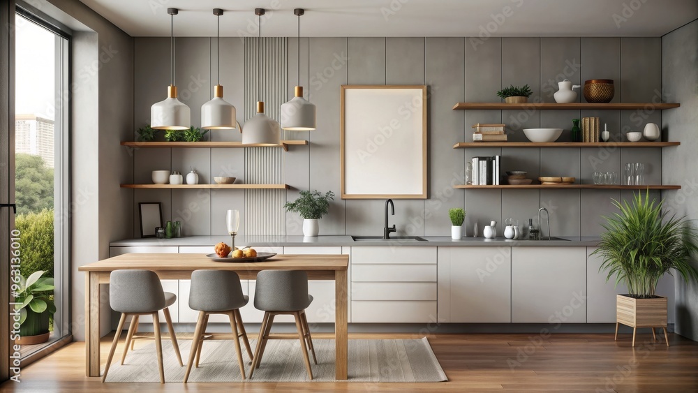 Mock up poster frame hanging in modern minimalistic kitchen interior, mock up, poster frame, kitchen, interior Mock up poster frame hanging in modern minimalistic kitchen interior, mock up, poster frame, kitchen, interior