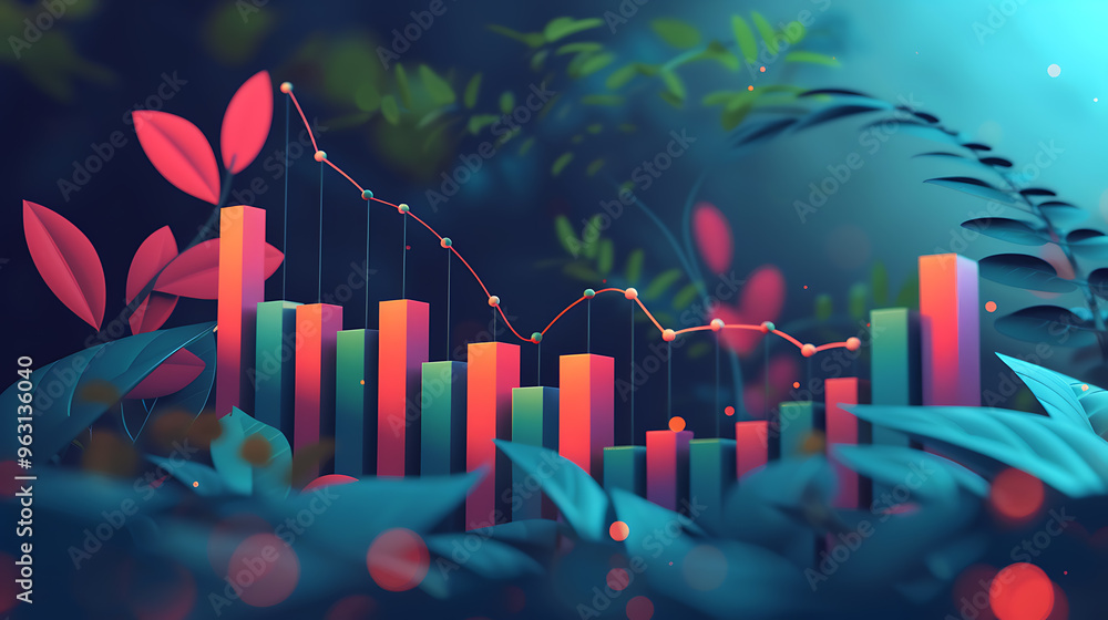 A colorful bar graph with a line graph overlaid, set against a background of lush green foliage. The graph depicts a decline in numbers. A colorful bar graph with a line graph overlaid, set against a background of lush green foliage. The graph depicts a decline in numbers.