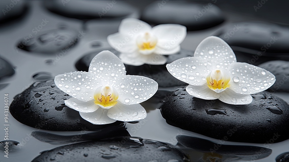 Delicate white orchids rest on smooth black stones alongside a softly flickering candle, surrounded by glistening water droplets, conveying a tranquil spa vibe Delicate white orchids rest on smooth black stones alongside a softly flickering candle, surrounded by glistening water droplets, conveying a tranquil spa vibe