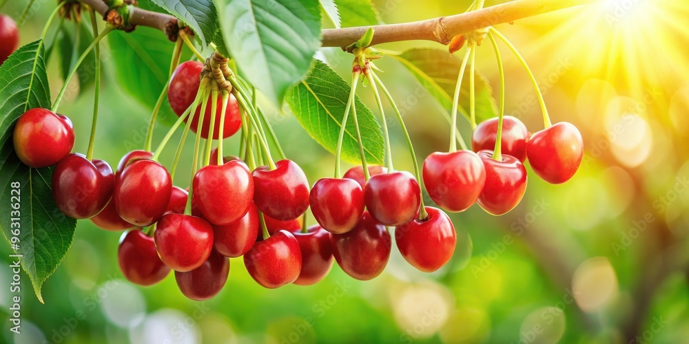 Ripe red cherries hanging from a lush green tree branch, red, cherries, tree, fruit, fresh, organic, nature, harvest, tasty Ripe red cherries hanging from a lush green tree branch, red, cherries, tree, fruit, fresh, organic, nature, harvest, tasty