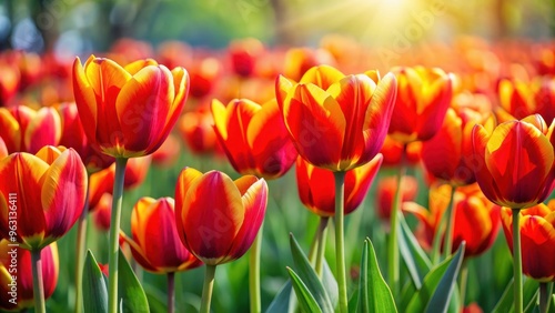 Vibrant red and yellow tulips in full bloom, spring, flowers, garden, vibrant, colorful, petals, nature, botanical, flora