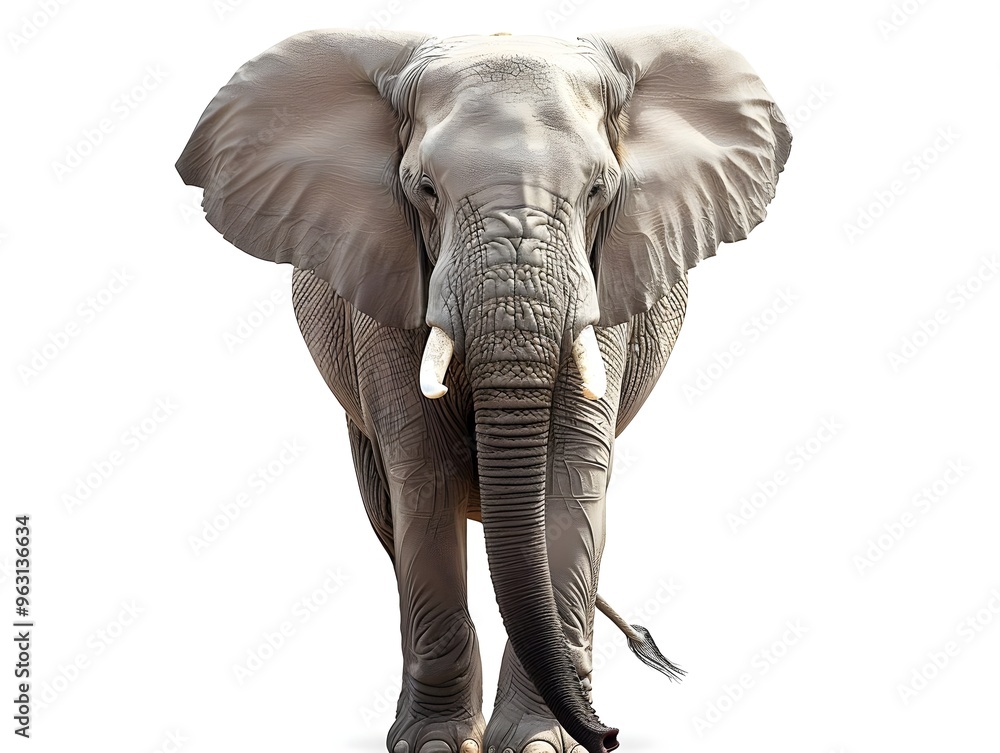Fototapeta premium Majestic Elephant Stunning Wildlife Portrait Large Ears Tusks Gray Textures Powerful Presence. AI Generated