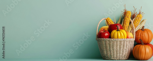 Autumn produce basket, corn, apples, and pumpkins, flat design illustration photo