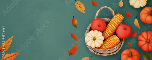 Autumn produce basket, corn, apples, and pumpkins, flat design illustration photo