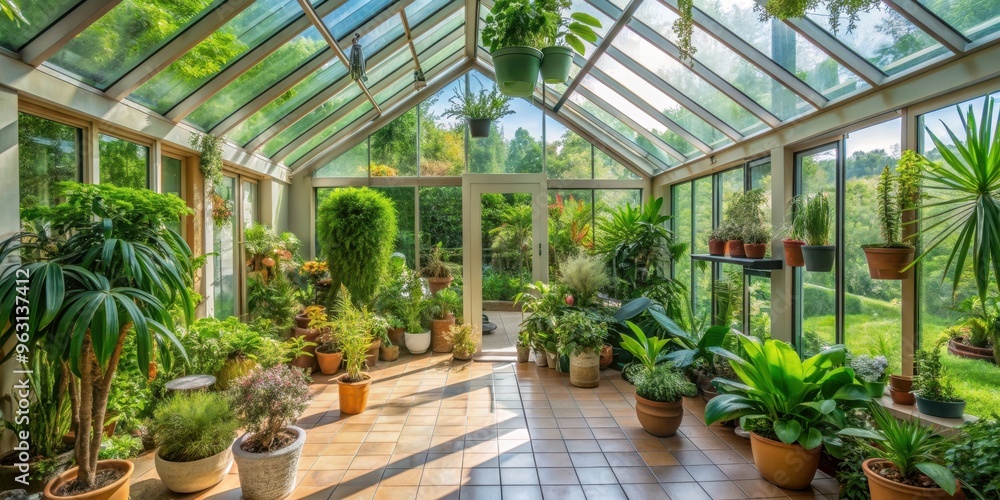 A conservatory filled with lush green plants and natural light , greenhouse, nature, botany, garden, sunlight, windows A conservatory filled with lush green plants and natural light , greenhouse, nature, botany, garden, sunlight, windows