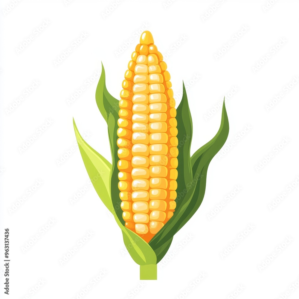 Obraz premium Vibrant Flat Design Corn Cob with Yellow Kernels on White Background - Simple and Minimal Illustration