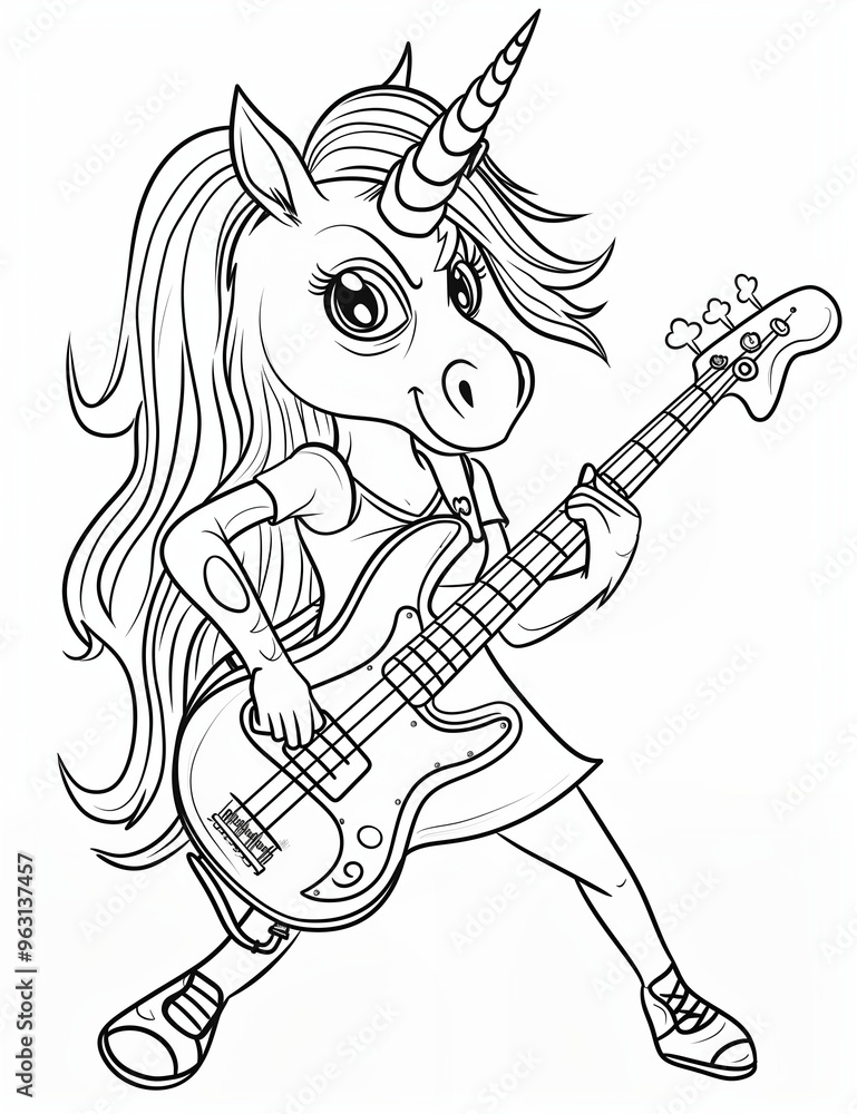 Fototapeta premium Guitarist Unicorn Rockstar Coloring Pages: Shredding Magical Riffs – Fun and Easy Line Art