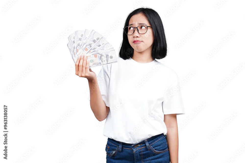 An asian woman holding money while thinking isolated transparent An asian woman holding money while thinking isolated transparent