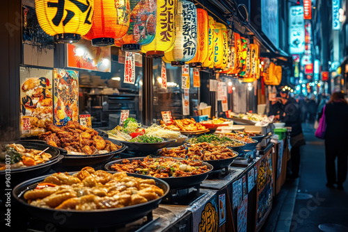A vibrant yatai food stall in a busy Japanese street, colorful signs and a variety of dishes displayed
