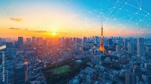 Tokyo Skyline with Tower and Connected Network at Sunset