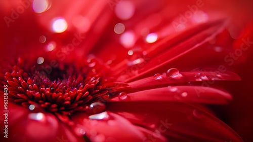 Closeup of a red flower with water drops and bokeh effect.