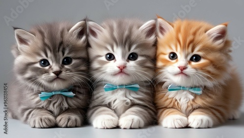 A photograph of three cute kittens wearing blue bow ties. Animal photography.