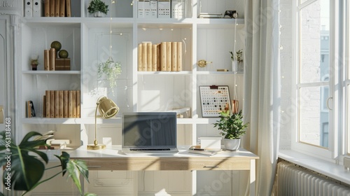 Bright and Cozy Home Office with Natural Light and Shelving