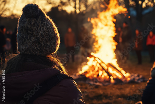 Woman keeping warm near a bonfire during an outdoor celebration at sunset photo