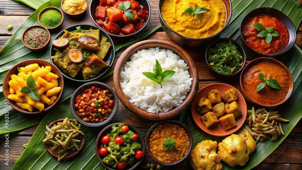 Traditional Sri Lankan rice and curry meal with a variety of colorful curries, sambols, and pickles , Sri Lankan, curry, rice Traditional Sri Lankan rice and curry meal with a variety of colorful curries, sambols, and pickles , Sri Lankan, curry, rice