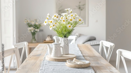 Wallpaper Mural A clean dining area featuring a light wooden table with white chairs gray linen table runner and fresh daisies in a vase creating a minimalist and elegant atmosphere perfect for modern home decor Torontodigital.ca