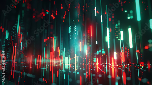 Abstract digital cityscape with vibrant red and green lights.