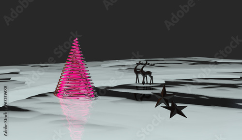 artistic neon pink christmastree spiral on frozen icy cristallized landscape with black deers and stars photo