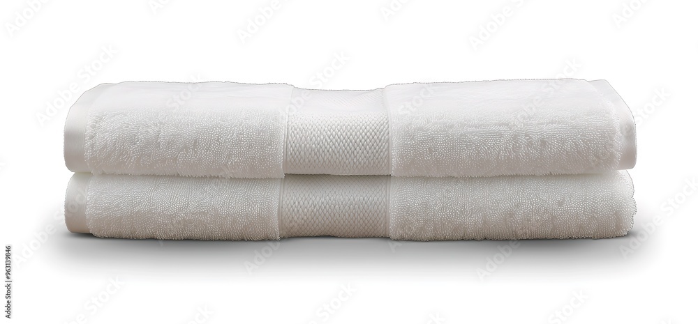 Two white towels neatly folded on a white background. Soft, absorbent towels perfect for a spa, bathroom or hotel. Two white towels neatly folded on a white background. Soft, absorbent towels perfect for a spa, bathroom or hotel.