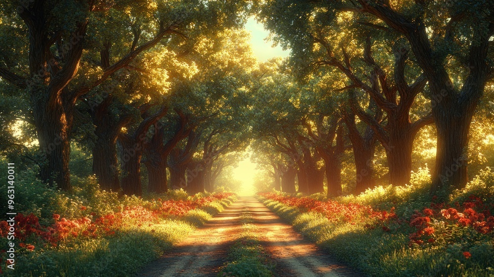 A serene forest pathway illuminated by soft sunlight and flowers. A serene forest pathway illuminated by soft sunlight and flowers.