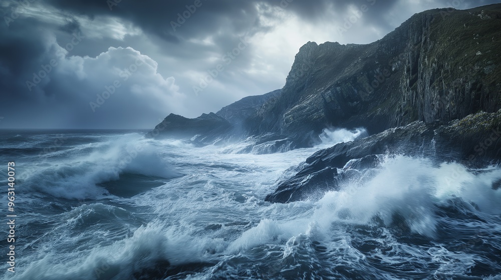 Fototapeta premium Dramatic waves crashing against a rocky coastline on a stormy day.