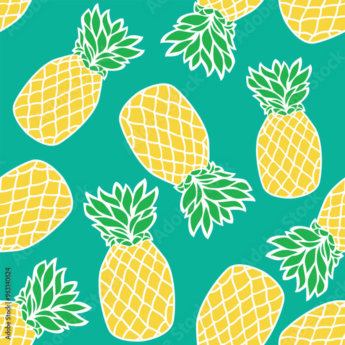 Seamless pattern with pineapples on green background. 