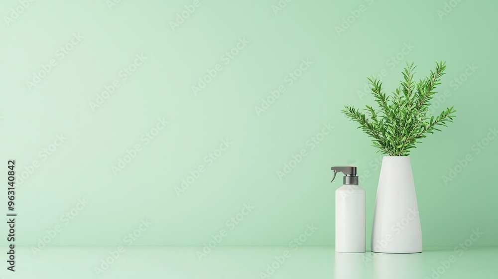 Fototapeta premium Elegant composition featuring a minimalist green background with a white bottle and a plant in a vase, perfect for contemporary decor.