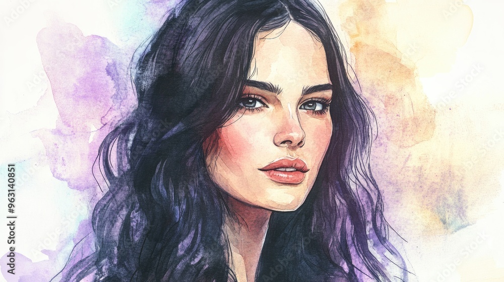 Fototapeta premium Expressive Watercolor Portrait of a Woman with Vibrant Colors and Artistic Flair